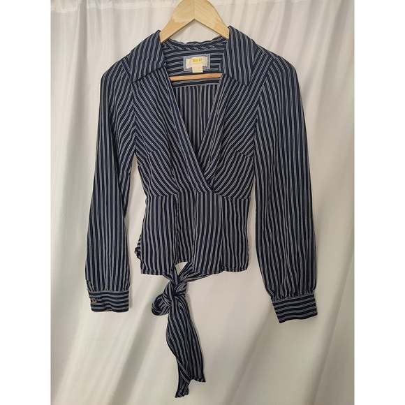 Maeve Anthro Surplice Long Sleeve Oxford Stripe Collared V-Neck Wrap Top US 0 - Picture 1 of 6